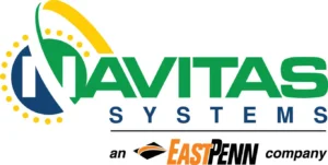 Logo of Navitas Systems, featuring the company name in green with a yellow and green swoosh above the N. Below, it says SYSTEMS and “an East Penn company” in smaller text with the East Penn logo.