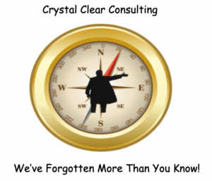 A gold compass with a silhouette of a person pointing, overlaid on the compass face. Text above reads Crystal Clear Consulting, and below reads Weve Forgotten More Than You Know!.
