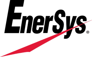 EnerSys logo with bold black text and a red swoosh graphic slashing through the lower right side of the text on a light background.