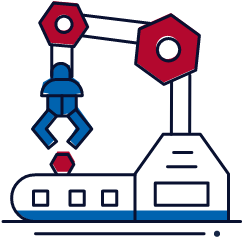 Illustration of a robotic arm with a claw placing a hexagonal object onto a conveyor belt, symbolizing automation or manufacturing technology.