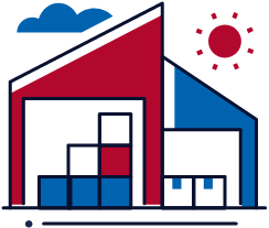 Illustration of a warehouse with stacked boxes inside, a blue cloud in the sky, and a red sun shining above. The building has red and blue panels.