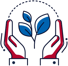 Illustration of two hands with red palms cupped around a blue and green plant with three leaves, symbolizing care and protection for nature. A dotted arc frames the hands and plant.
