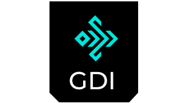 A black shield-shaped logo with a turquoise geometric design above the white letters GDI.