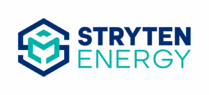 Logo for Stryten Energy featuring a geometric blue and teal emblem on the left and bold text STRYTEN ENERGY, with STRYTEN in dark blue and ENERGY in teal on the right.